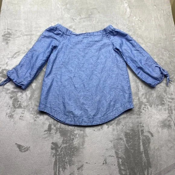 Free People Chambray Off-the-Shoulder Linen Blend Top 3/4 Sleeves Tie Cuffs Sz S