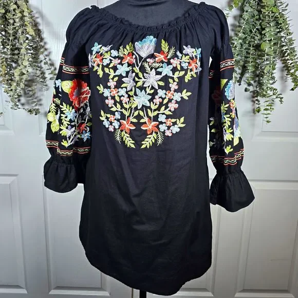 Free People Black Fleur Du Juor Off Shoulder Shift Mini Dress XS Cotton Pockets