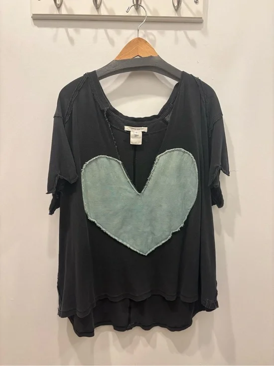 Free People x Tricia Fix Black Tee with Mint Heart Applique