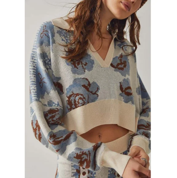 Free People Fuzzy Feeling Polo Sweater Cropped Floral Knit Top