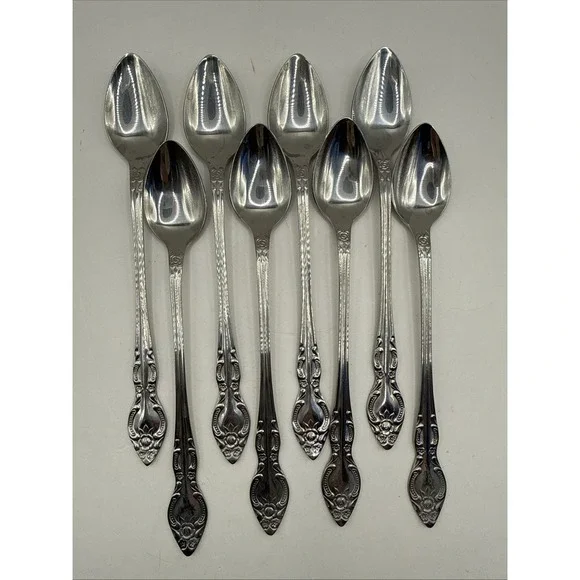 SILVERWARE ROGERS Stainless Steel Lisette ~ Lot of 8 Ice Tea Spoons EUC Korea