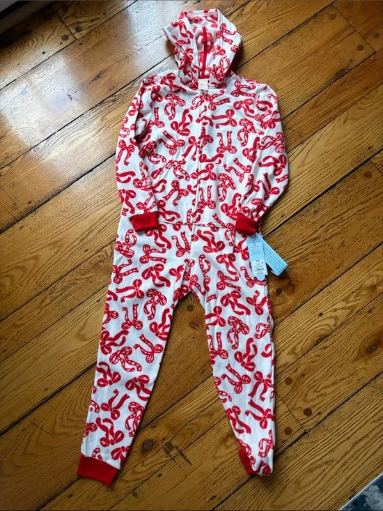Cat & Jack Red and White Candy Cane Bow Hooded One-Piece Footie