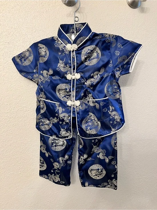 Blue Dragon Satin Kids Pajama Set (Size 24)