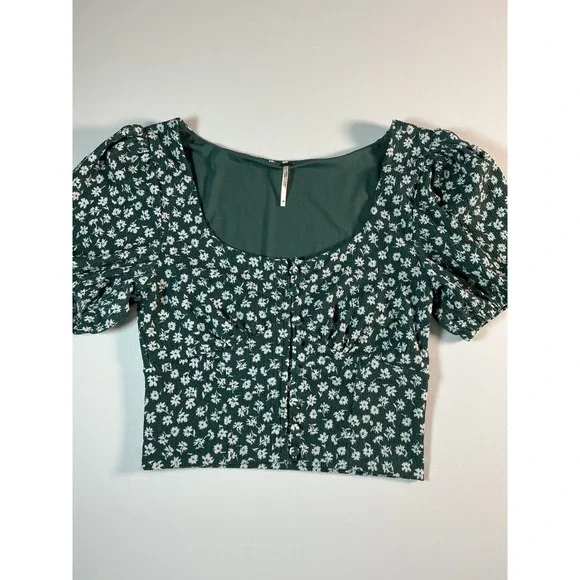 Free People Daisy Chain Sweet Sun Puff Sleeve Crop Top Green Floral Size M