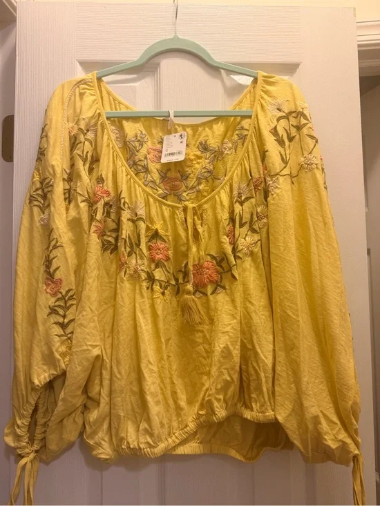 Free People Yellow Floral Embroidered Peasant Blouse