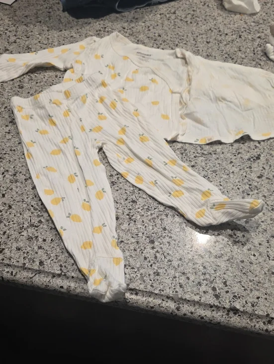 Baby Ribbed Footed Pajama Set in White with Yellow Lemon Print