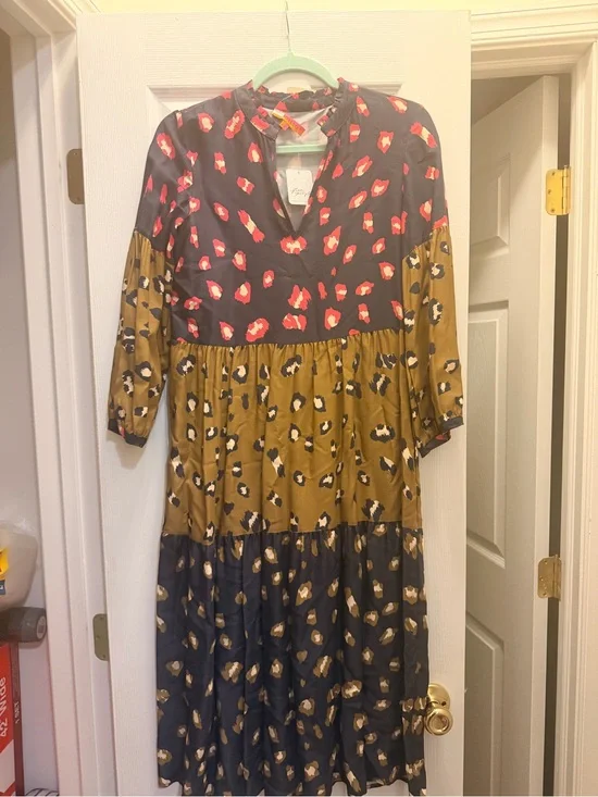 Free People Mixed-Print Tiered Midi Dress in Black, Mustard & Pink