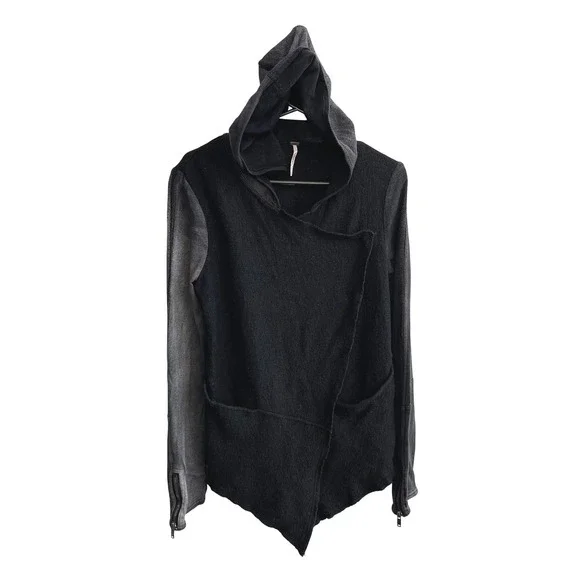 Free People Hooded Jacket Womens Small Black Boho‎ Grunge Asymmetrical Zip Cuff