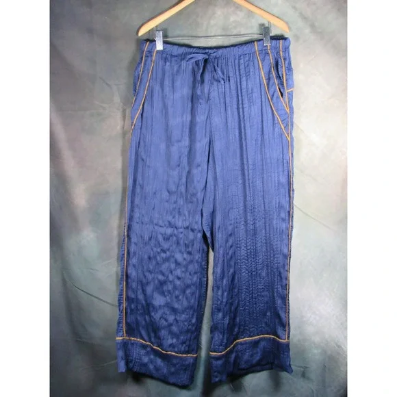 Free People Navy Blue Crinkle Wide Leg Pants Gold Piping XL