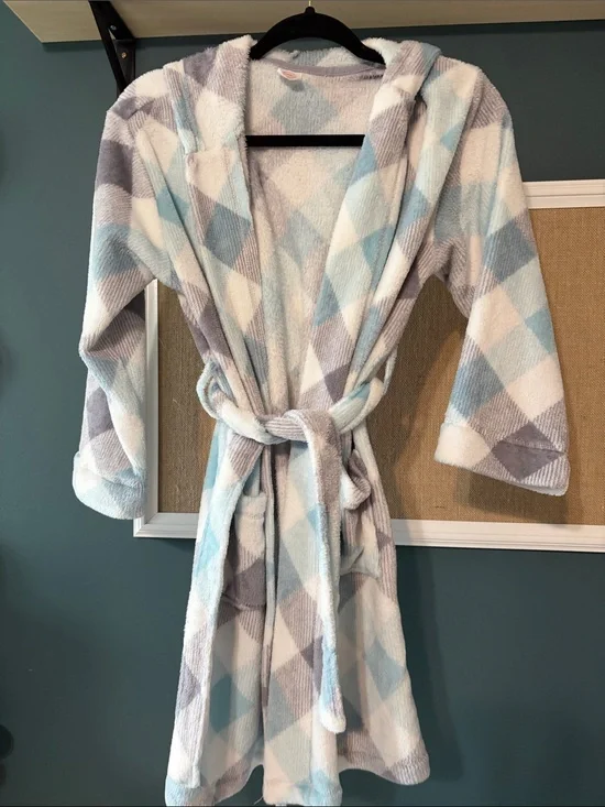 wonder nation Plush Hooded Robe in Light Blue & Gray Plaid