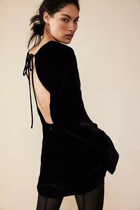 New Free People Chelsey Mini Dress VELVET $128 SMALL Black Open Back Long-Sleeve