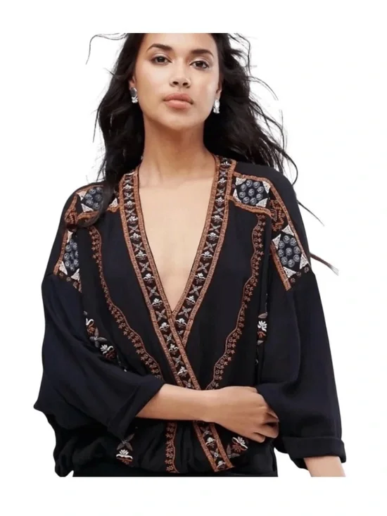 Free People Crescent Moon Boho Embroidered and Beaded Top