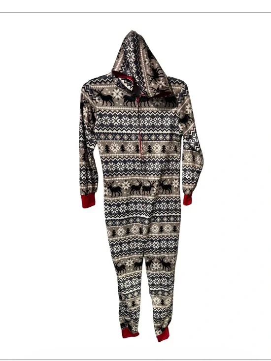 Kids Cozy Moose Fair Isle Hooded Christmas jumpsuit size 10-12
