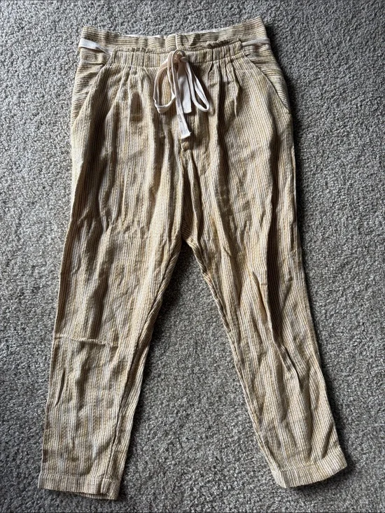 Free People Women's Beige Striped Linen Drawstring Jogger Pants Size 6