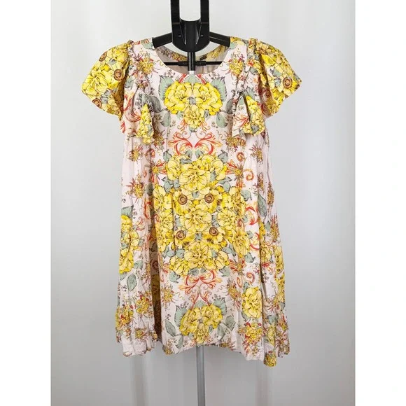 Free People Yellow Floral Ruffle Flutter Sleeve Mini Dress Small