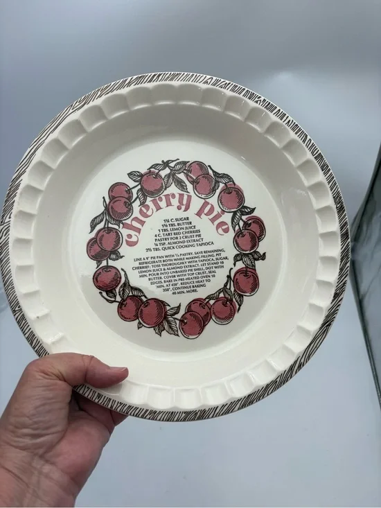 Vintage Cherry Pie Recipe Dish in Cream with Red Cherry Design - 11” Diameter