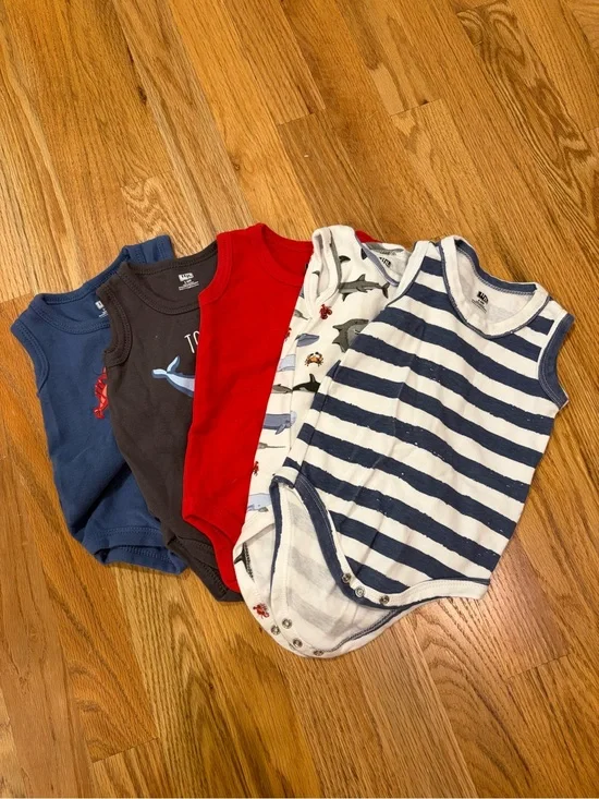 Baby Boys Navy Stripe, Red, Blue & Gray Sleeveless Bodysuits Set