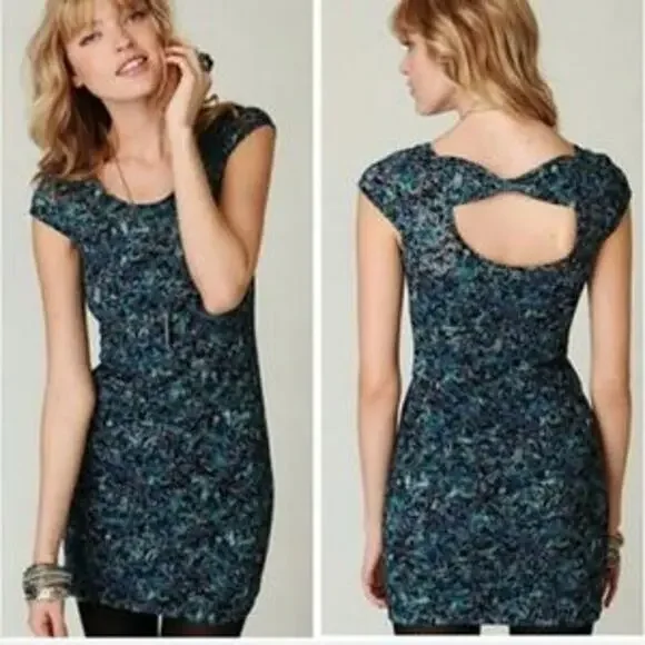 Free People Everything Nice Teal Lace Back Bow Cut Out Bodycon Dress Small 💙