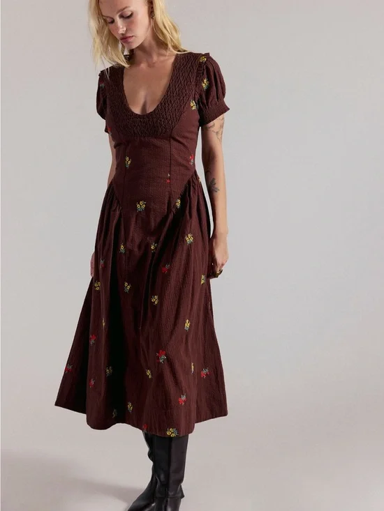Free People Maisie Brown Floral Embroidered Midi Dress