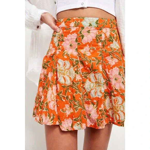 Free People End Of The Island‎ Godet Floral Print Pleated Mini Skirt Size 2
