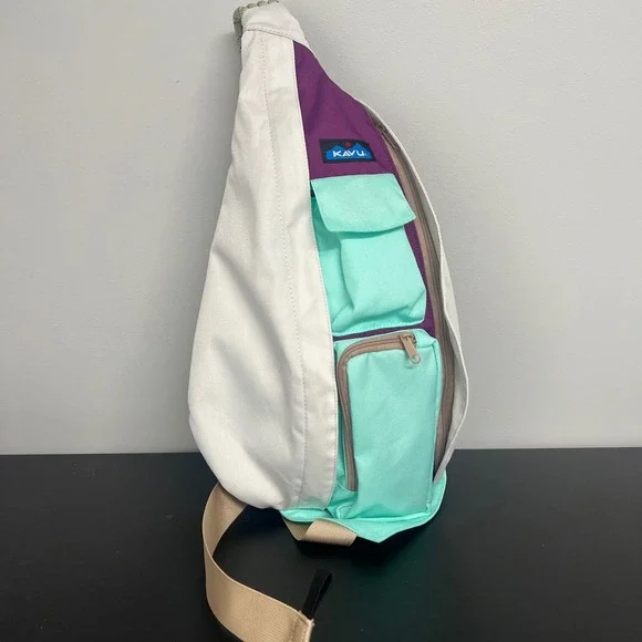 KAVU Rope Bag Sling Backpack White Purple Mint Green Canvas Crossbody Bag