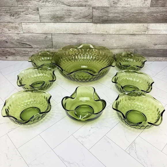Indiana Glass Avocado Green Diamond Point Ruffled Serving Bowls - Set of 8