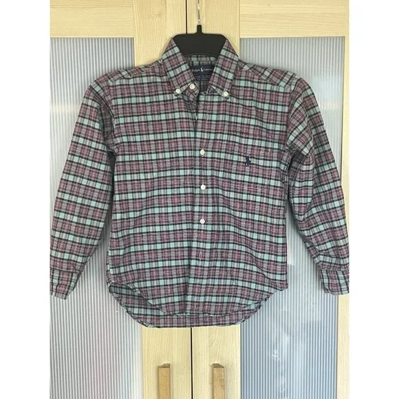 Ralph Lauren Boys Blue Red Plaid Cotton Button Down Shirt Sz 6 Party Holiday Top