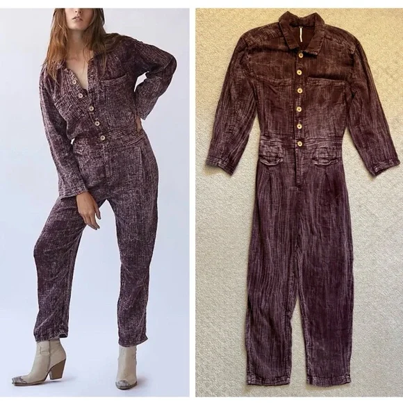 Free People Textured Button-Front Purple Jumpsuit in Plum Stone Washed Boho