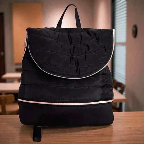 Stella & Dot Black Quilted Backpack Zip Tote Travel Bag Crush It Repeat Lining