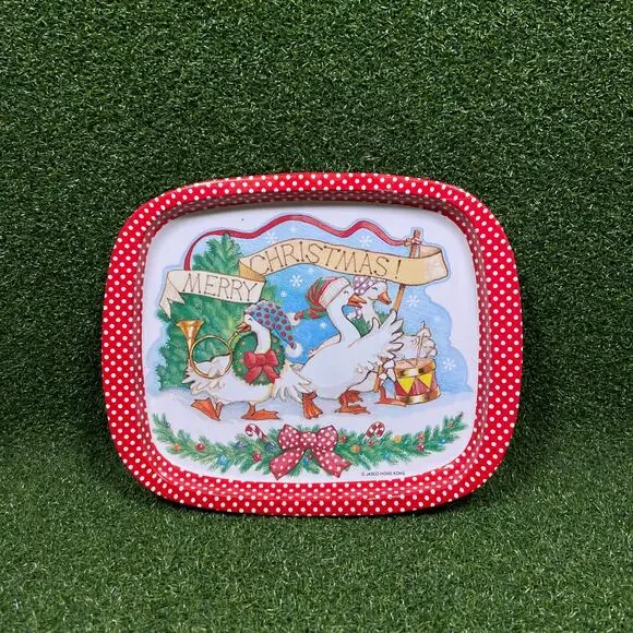 Vintage JASCO Hong Kong Christmas Geese Tin Snack Trays Set of 4 Polka Dot
