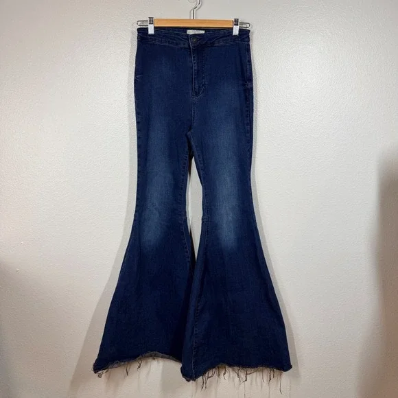 Free People Jeans Women 27 Blue Just Float On Flare High Rise Raw Hem Stretch