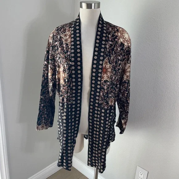 Free People‎ Womens XS Mixed Floral Geometric Kimono Cardigan Black Brown Boho