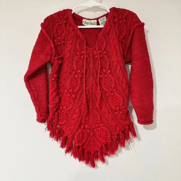 Polly Flinders Sweater Girls S/4 Red Ramie Cotton Cable Knit Fringe Boho Vintage