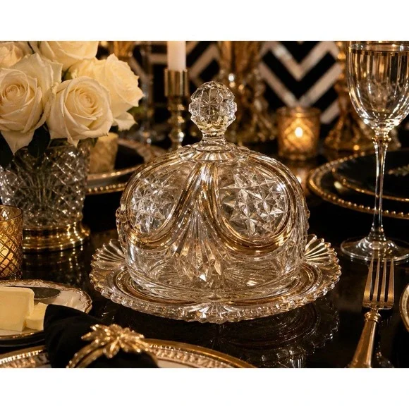 Vintage/antq Pressed Glass Covered Butter Dish Gold Trim Starburst Scalloped 7