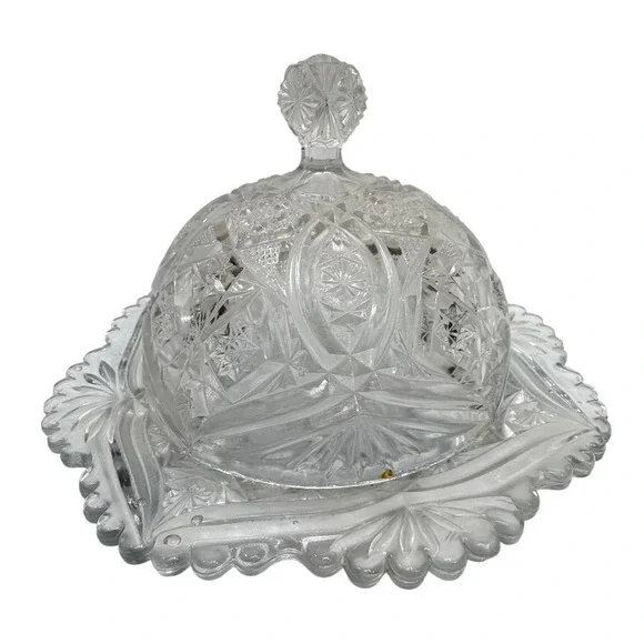 Vintage Clear Pressed Glass Domed Butter Dish Pinwheel Starburst Scalloped Edge‎