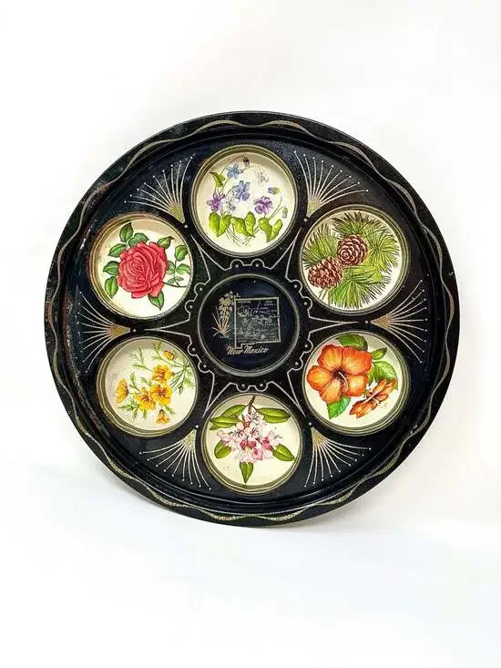 Vintage New Mexico Black & Gold Floral Metal Drink Serving Tray MCM Cottagecore