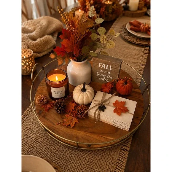 Hearth & Hand with Magnolia Round Wood and Metal Decorative Tray Gold Rail