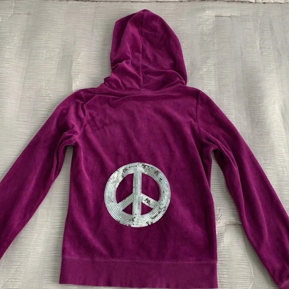 PINK ROSE Girl’s Hot Pink Hoodie Velour Sequin Peace Sign Full Zip Pockets‎ S