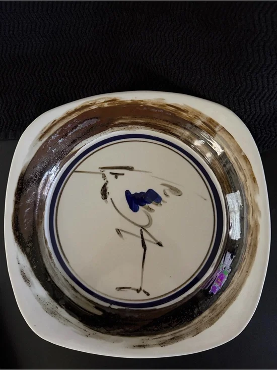 Dansk White Ceramic Plate with Blue and Brown Heron Bird Design.