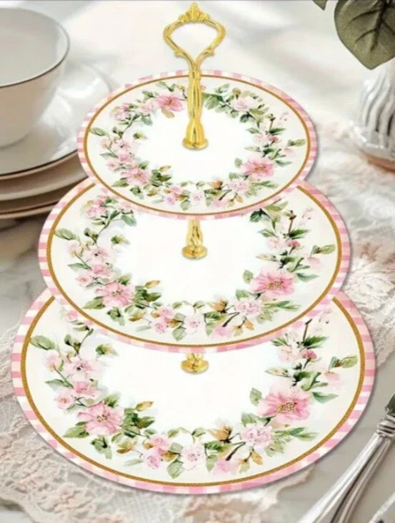 Three-Tier Pink Floral Serving Stand - Elegant Tea Dessert Server