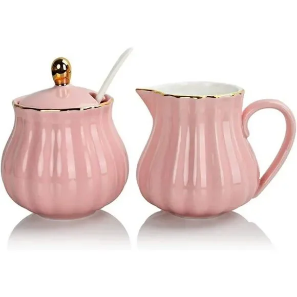 SWEEJAR Porcelain Royal Pink Sugar and Creamer Lid Spoon Kitchen Serveware NEW