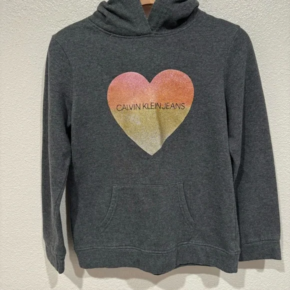 Kids Calvin Klein Jeans Girls Gray Rainbow Heart Glitter Hoodie Sweatshirt L 12