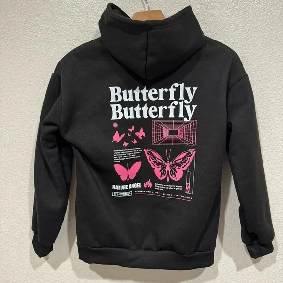 NWOT Kids SHEIN Girls Black Pink Butterfly Graphic Hoodie Sweatshirt L 11/12
