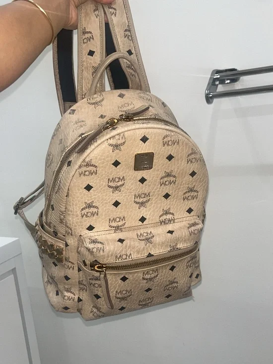 MCM Beige Logo Visetos Mini Backpack with Gold Hardware