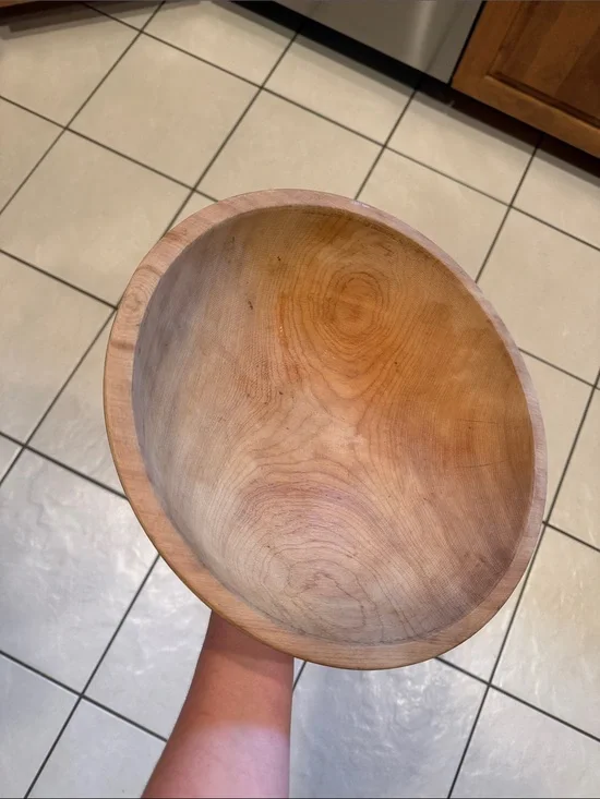 Munising Wooden Dough Bowl, Off Round, 1930’s
