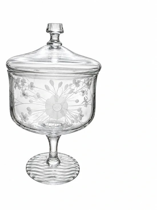 Vintage Etched Clear Glass Pedestal Lidded Candy Dish