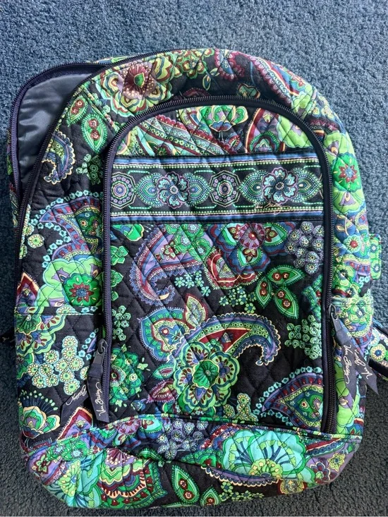Vera Bradley Black Backpack with Green Paisley Print
