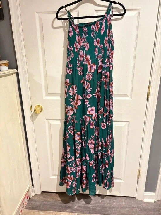 Free People Teal Maxi Skirt with Pink Floral Print