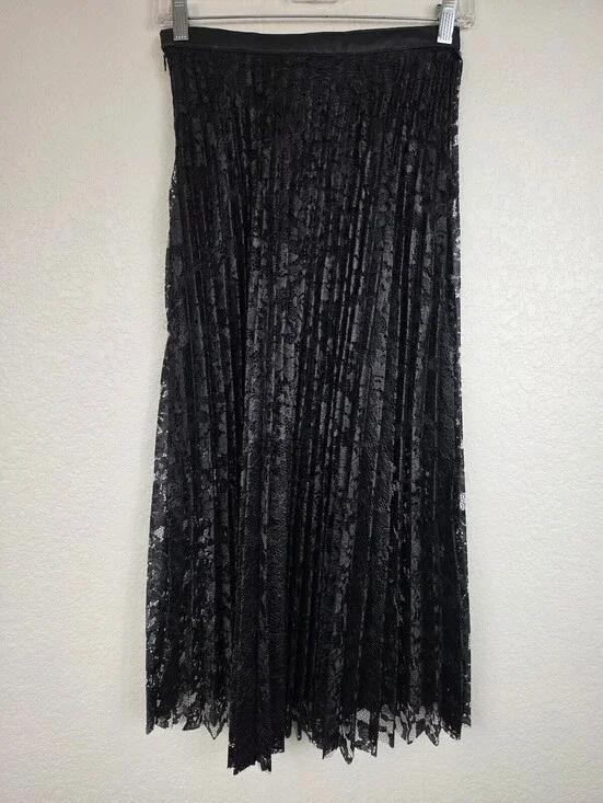 Free People Black Lace Pleated Midi Skirt