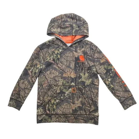 Carhartt Hoodie Boys Small 8-10 Mossy Oak Camo Orange Logo Pullover Sweatshirt